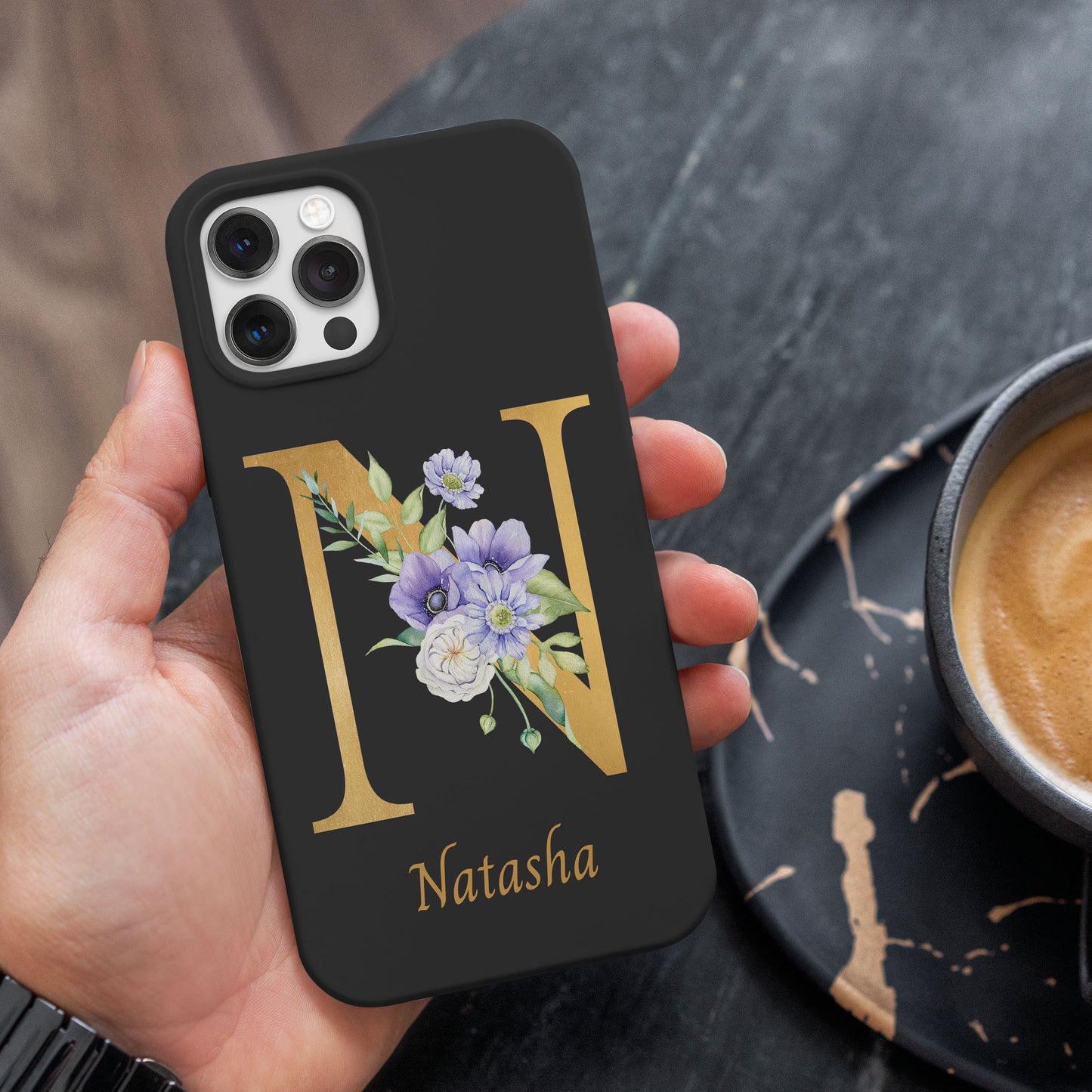 Floral Gold-Letter Big Initial Custom Name - Protective Phone Case for iPhone, Samsung Galaxy and Google Pixel