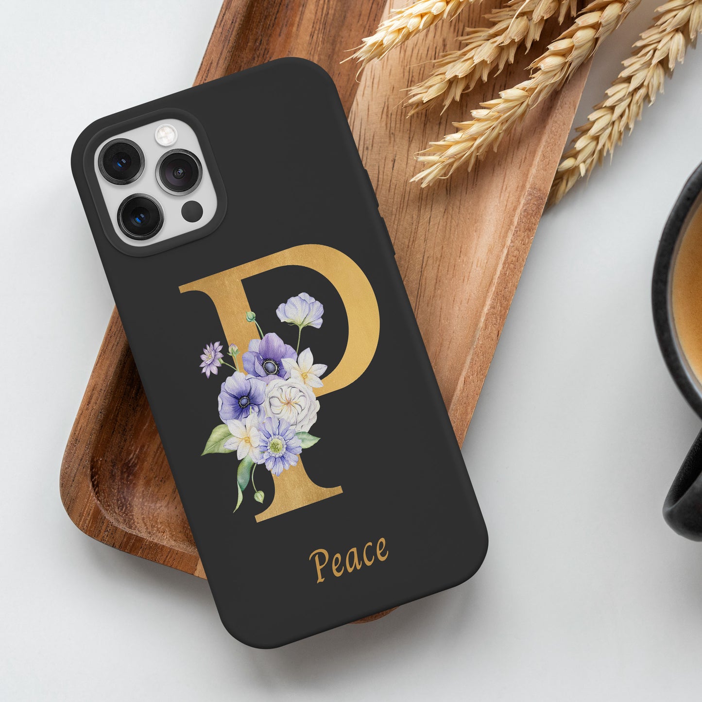 Floral Gold-Letter Big Initial Custom Name - Protective Phone Case for iPhone, Samsung Galaxy and Google Pixel