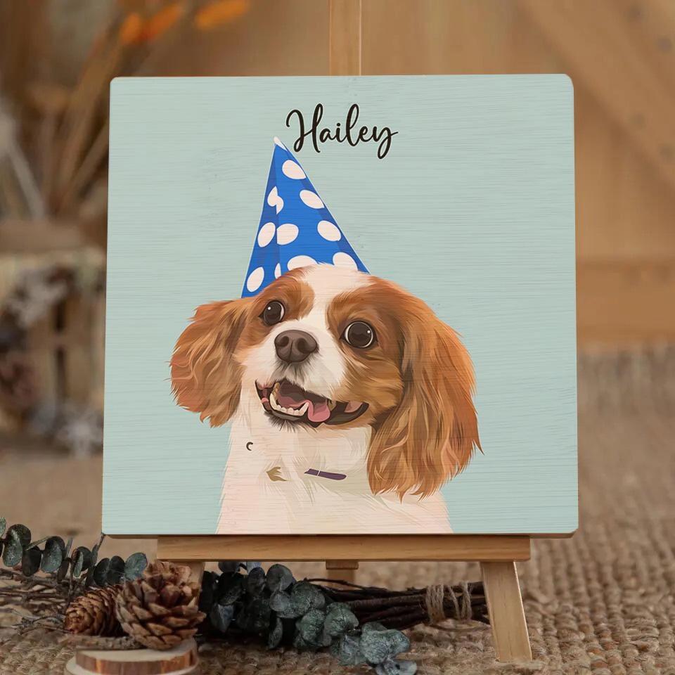 Draw Dogs or Any Pets Into Cartoon Portrait - Custom Art Pet Portrait Print On Square Wood Block (Single-Pet Portrait)