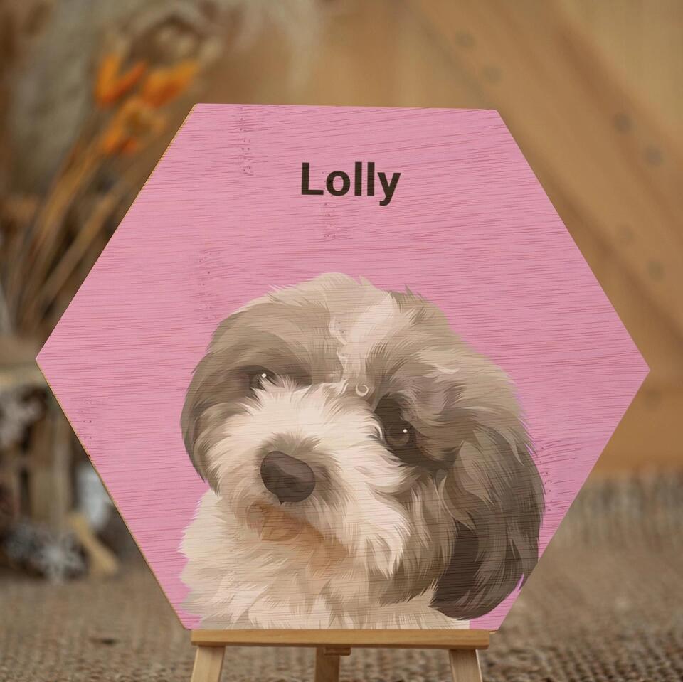 Draw Dogs or Any Pets Into Cartoon Portrait - Personalised Pet Wood Block - Hexagon