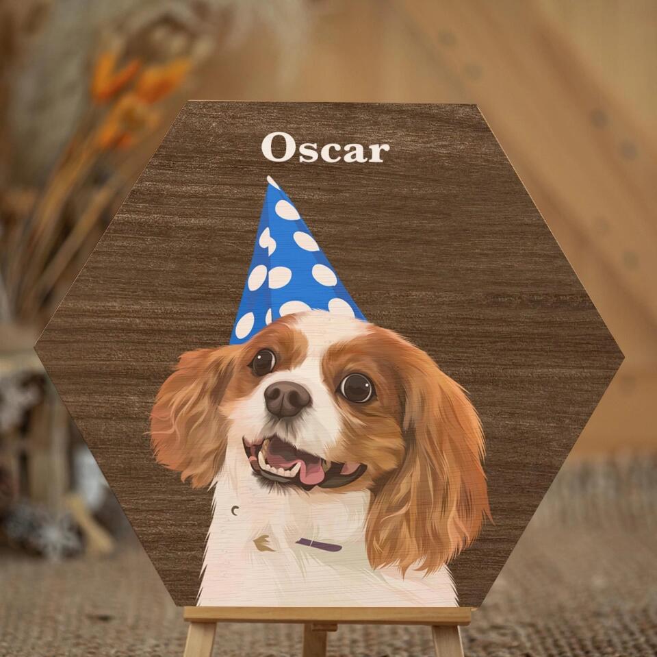 Draw Dogs or Any Pets Into Cartoon Portrait - Personalised Pet Wood Block - Hexagon