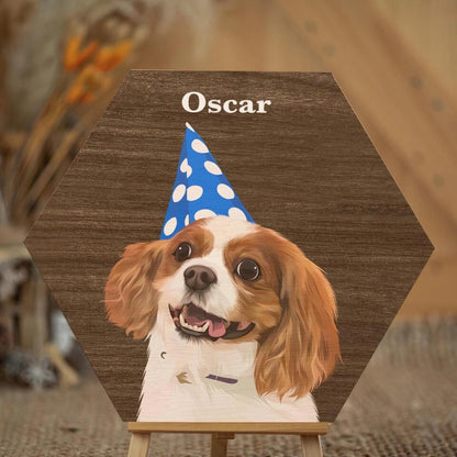 Draw Dogs or Any Pets Into Cartoon Portrait - Personalised Pet Wood Block - Hexagon