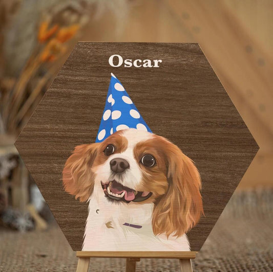 Draw Dogs or Any Pets Into Cartoon Portrait - Personalised Pet Wood Block - Hexagon