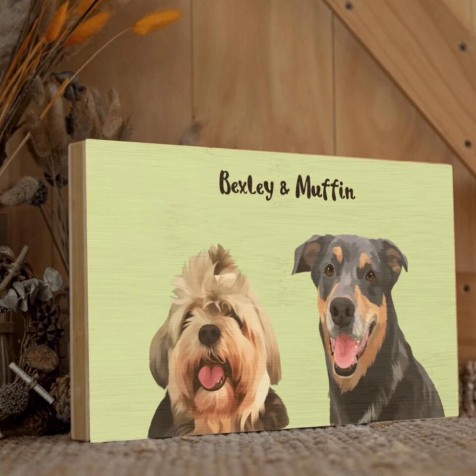 Draw Dogs or Any Pets Into Cartoon Portrait - Custom Art Pet Portrait Print On Rectangle Wood Block (Two-Pet Portrait)