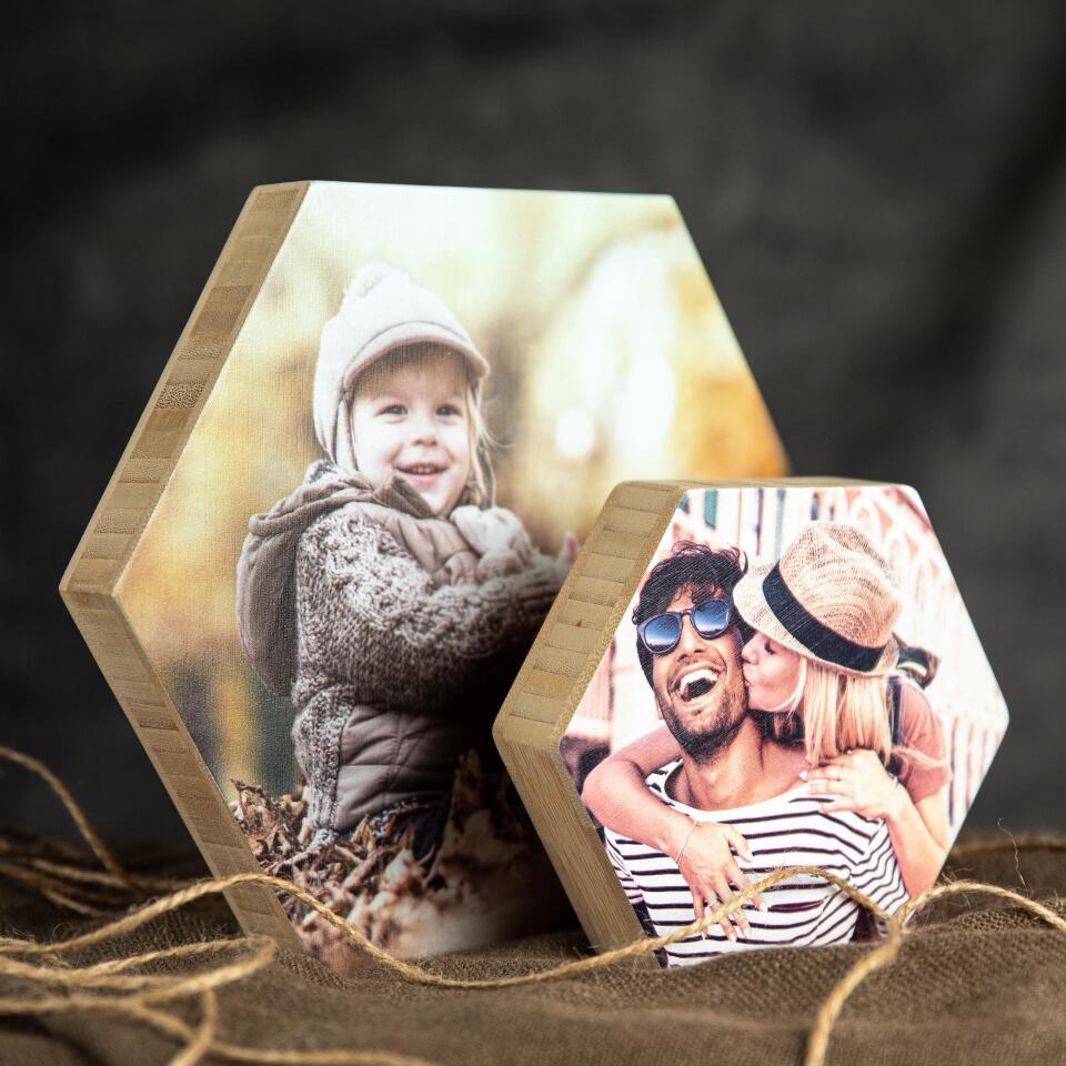 Personalised Photo on Hexagon Wood Block - Set of 4