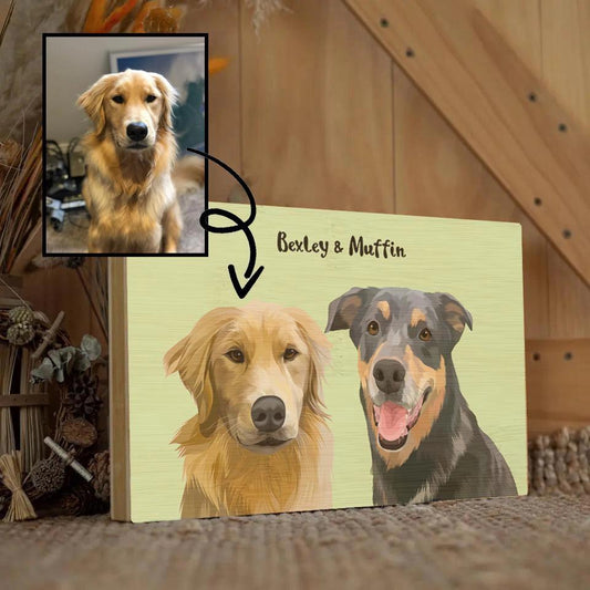 Draw Dogs or Any Pets Into Cartoon Portrait - Custom Art Pet Portrait Print On Rectangle Wood Block (Two-Pet Portrait)