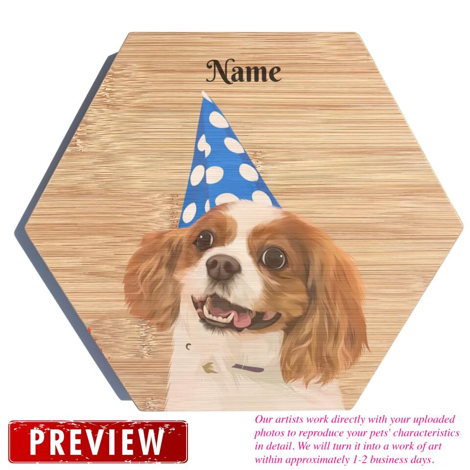 Draw Dogs or Any Pets Into Cartoon Portrait - Personalised Pet Wood Block - Hexagon