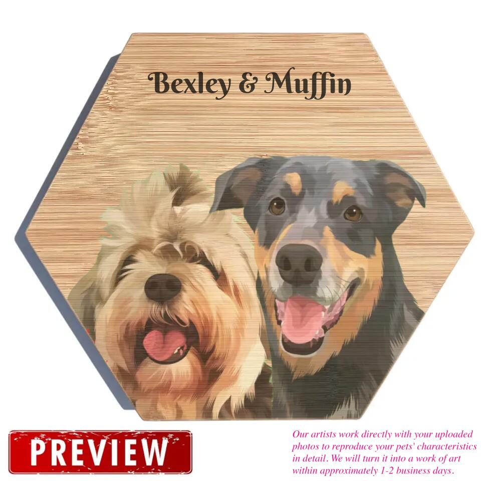 Draw Dogs or Any Pets Into Cartoon Portrait - Personalised Pet Wood Block - Hexagon