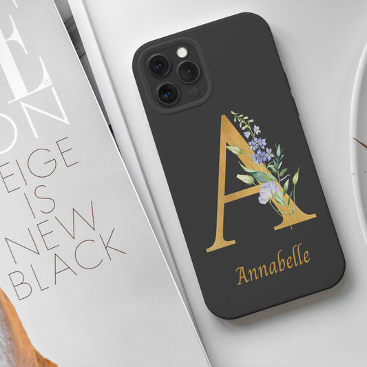 Floral Gold-Letter Big Initial Custom Name - Protective Phone Case for iPhone, Samsung Galaxy and Google Pixel